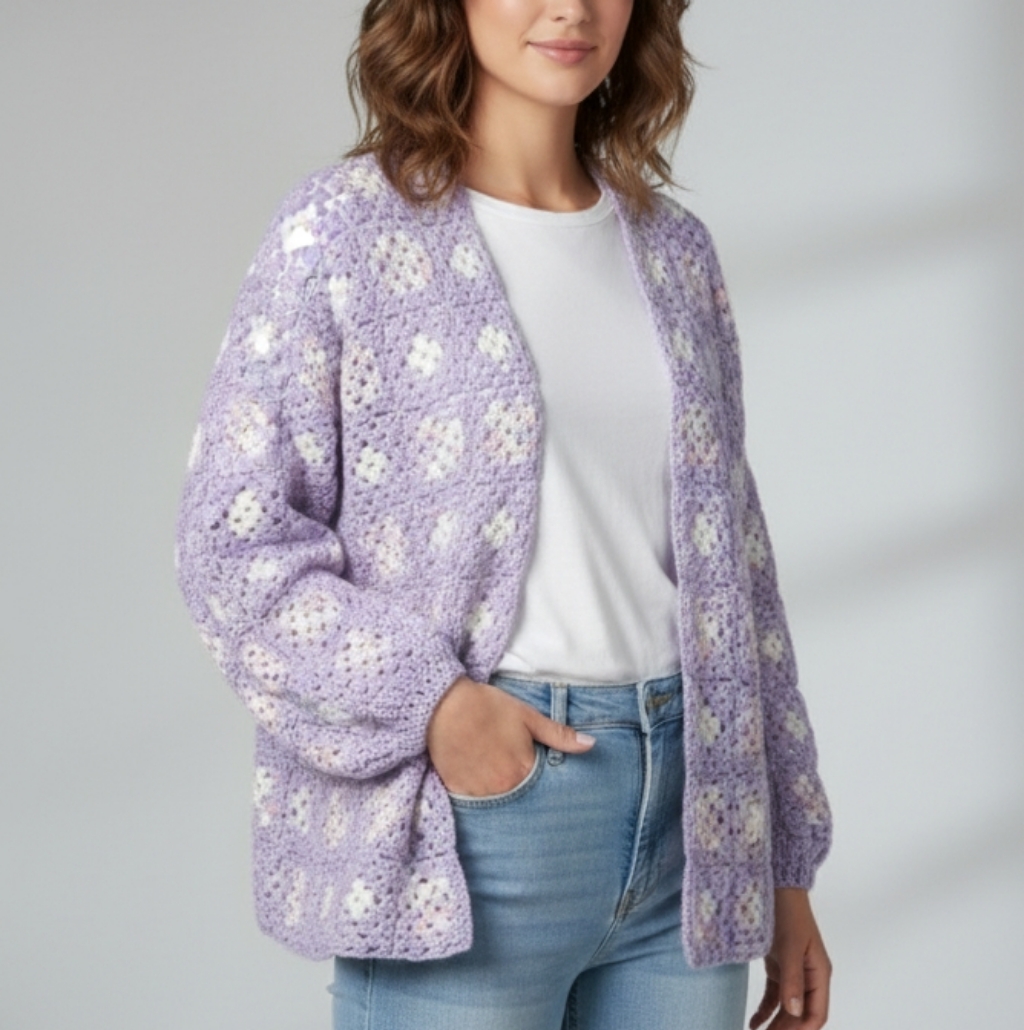 Granny Square Floral Flower Crochet Sweater Purple White